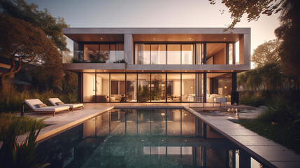 Fototapeta premium Modern house with pool in luxurious style. Generative Ai