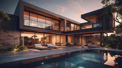 Modern house with pool in luxurious style. Generative Ai