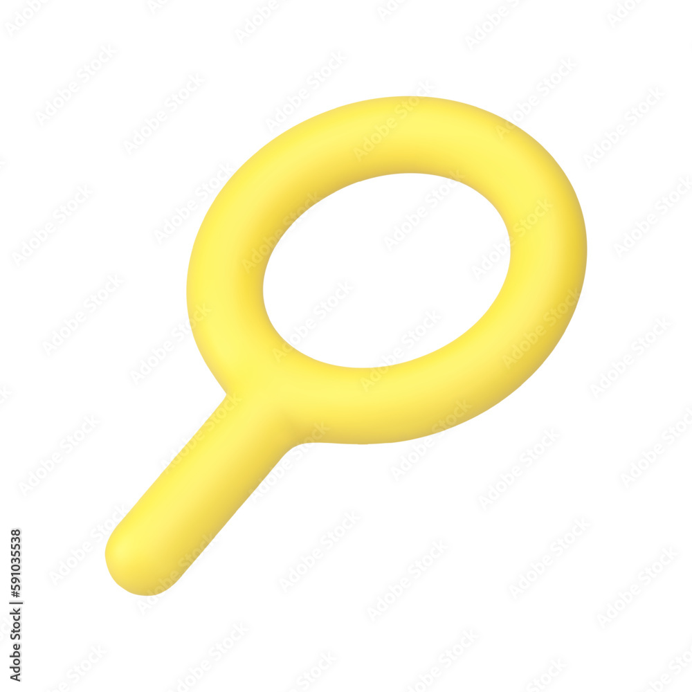 Poster magnifier loupe zoom internet browser searching information yellow badge with handle 3d icon vector
