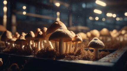 Mushrooms in farm. Generative Ai