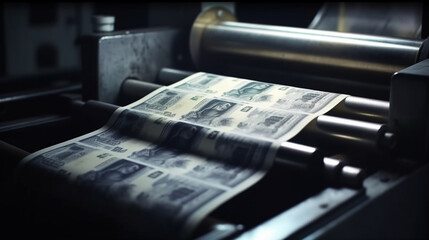 Conveyor belt with dollar banknotes. Generative Ai - obrazy, fototapety, plakaty
