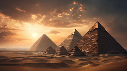 Egyptian pyramids in the desert. Generative Ai