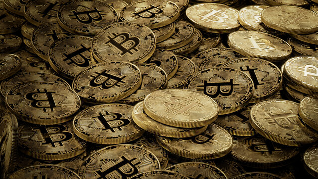 Bitcoin Cryptocurrency represented as Gold Coins. Blockchain Business Wallpaper. 3D Render.