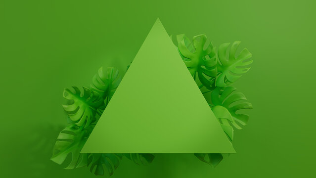 Green, Monstera Plant Border with Triangle Botanical Frame. Contemporary Background with copy-space.
