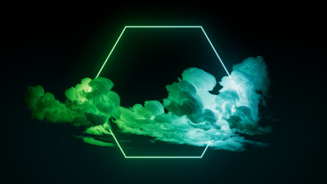Cloud Formation Illuminated with Green and Turquoise Fluorescent Light. Dark Environment with Hexagon shaped Neon Frame.