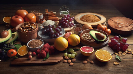 Obraz na płótnie Canvas Healthy food selection on wooden table. Generative Ai
