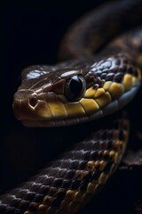 Obraz premium Snake head on black background. Viper portrait close-up. Wild life. Beautiful brown and yellow cobra with big eyes. Image is AI generated.