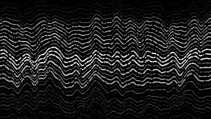Obraz premium Flow of white shimmering particles on black background. Gradient of dynamic halftone sound wave. Vector Illustration.