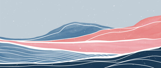 Mountain and Ocean wave landscape illustration. Creative minimalist modern painting and line art. Abstract contemporary aesthetic backgrounds landscapes. with Mountain, Ocean, sea