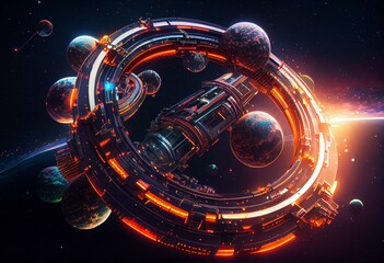 Fototapeta na wymiar Rotating Space Station with Docking Ships in Colorful Ring Generative AI