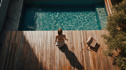 Obraz premium Young woman relaxing in swimming pool at luxury villa. Generative Ai