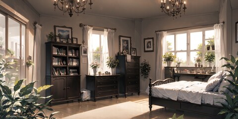 Fototapeta premium anime style background, interior of a bedroom, hotel room, home, cozy apartment, bed, windows, sunlight, generative ai, generative, ai 