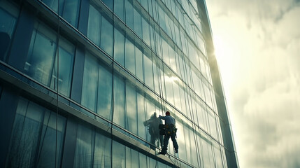 Worker cleaning the windows of a skyscraper. Generative Ai