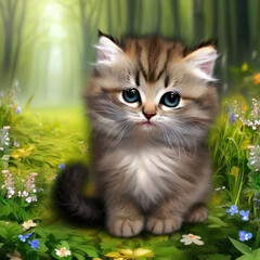 Naklejka na ściany i meble Cute fluffy kitten in a meadow of blooming flowers, generative AI