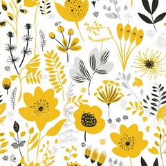 Decorative hand-drawn yellow flowers in a Scandinavian-style floral seamless pattern. AI generation.