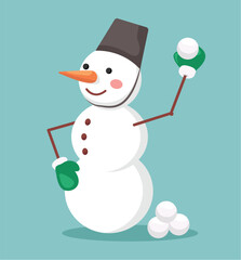 Concept Cartoon snowman. This illustration features a cute snowman in a flat, vector style design playing with snowballs. Vector illustration.