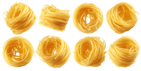 raw Tagliatelle, Tagliolini, Fettuccine, uncooked Italian Pasta, isolated on white background, full depth of field