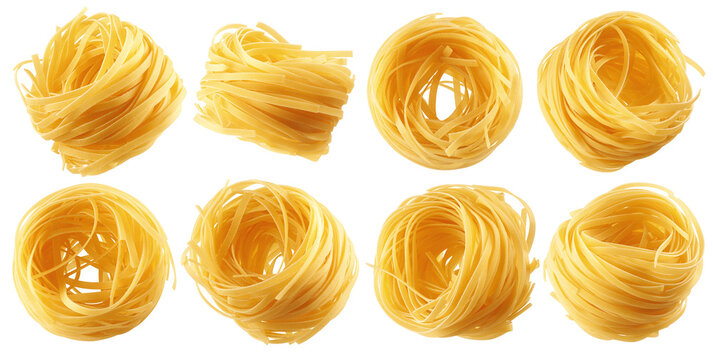 raw Tagliatelle, Tagliolini, Fettuccine, uncooked Italian Pasta, isolated on white background, full depth of field