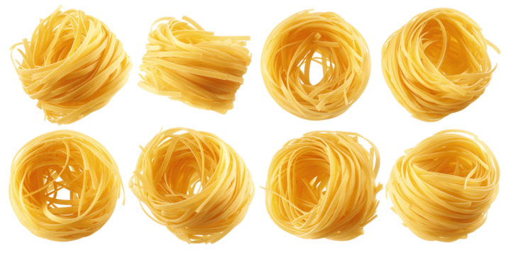 raw Tagliatelle, Tagliolini, Fettuccine, uncooked Italian Pasta, isolated on white background, full depth of field