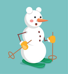 Concept Cartoon snowman. This is a flat illustration in a cartoon style featuring a cute snowman skiing against a turquoise background. Vector illustration.