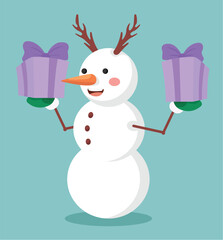 Concept Cartoon snowman. The illustration is a flat vector cartoon of a cute snowman holding several wrapped presents on a turquoise background. Vector illustration.