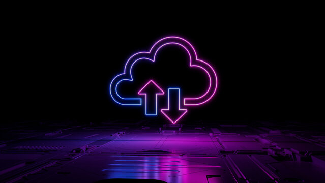 Pink and Blue neon light cloud icon. Vibrant colored Data storage technology symbol, on a black background with high tech floor. 3D Render