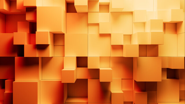 Precisely Constructed Multisized Cube Wall. Yellow and Orange, Innovative Tech Wallpaper. 3D Render.