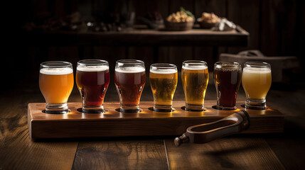 Assorted Beers in a Flight Ready for Tasting. Generative AI technology
