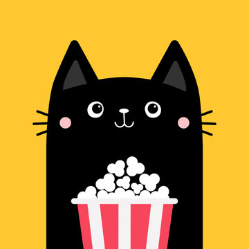 Black cat and popcorn box. Cute cartoon funny character. Cinema theater. Film show. Kitten watching movie. Kids print for tshirt notebook cover. Yellow background. Isolated. Flat design