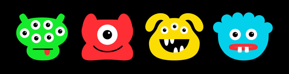 Monster set line. Happy Halloween. Cute face head. Four colorful monsters. Cartoon kawaii scary funny character. Different emotion. Baby collection. T-shirt design. Black background. Flat design.