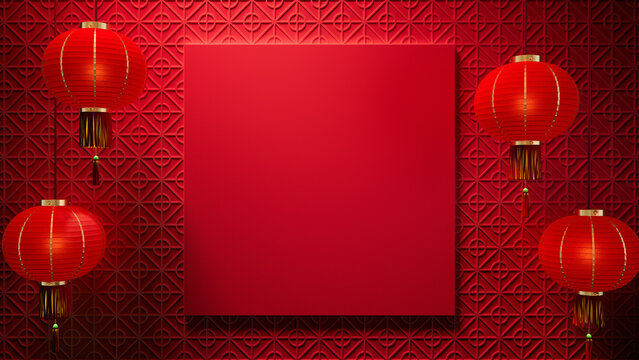 Red Asian Design Background, with Square Frame and Lanterns on 3D Pattern. Chinese New Year Template with copy-space.