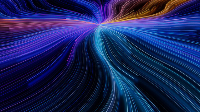 Wavy Lines Background with Blue, Turquoise and Orange Stripes. 3D Render.