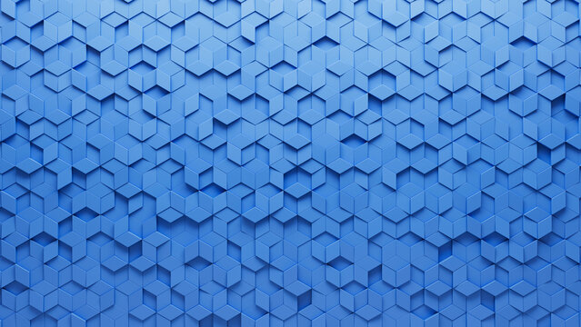 Semigloss, Blue Mosaic Tiles arranged in the shape of a wall. 3D, Diamond Shaped, Blocks stacked to create a Futuristic block background. 3D Render