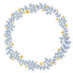 Blue ivy with orange fruit wreath watercolor illustration for decoration on vintage garden style.