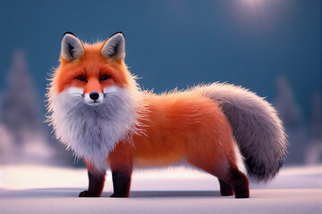 A fluffy red fox poses with snow in the background, generative ai