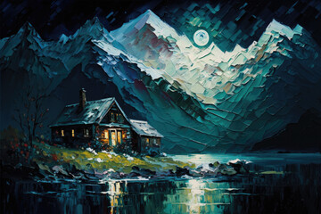 Off Grid Cabin in the Mountains Painting - generative ai