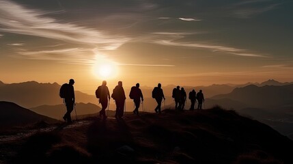 Fototapeta premium Group of tourist little silhouettes in a mountain. Generative AI