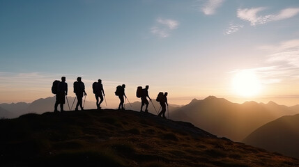 Fototapeta na wymiar Group of tourist little silhouettes in a mountain. Generative AI