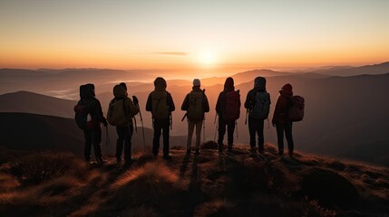 Group of tourist little silhouettes in a mountain. GenerativGroup of tourist little silhouettes in a mountain. Generative AIe AI