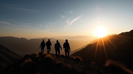 Fototapeta premium Group of tourist little silhouettes in a mountain. Generative AI