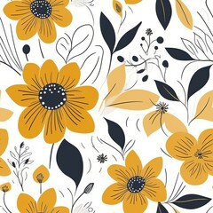 Fototapeta na wymiar Simple and decorative hand-drawn yellow flowers in a Scandinavian-style floral seamless pattern. AI generation.