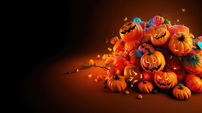 Halloween background with a Pile of Jack O' Lantern Pumpkins. Holiday Banner with copy-space. Generative AI.