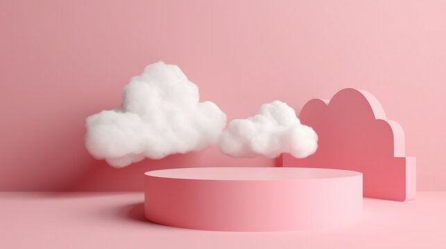 Pink Plinth stage with Clouds. Podium background for Product display. Generative AI.