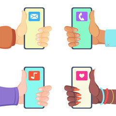 Hands holding phones with social media vector illustration. People recommending mobile apps for chatting, music and working isolated on white background. Modern technology, social network concept