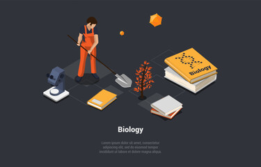 Biology And Science. Man Scientist Dig Up Plant With Shovel For Research. Eco Agronomy And Biology, Engineer Grow Green Sprouts With Cultivation Equipment. Isometric 3d Cartoon Vector Illustration