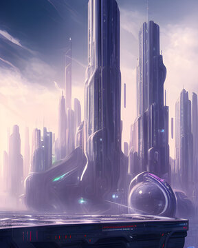Ilustración de ciudad nocturna futurista con edificios y niebla