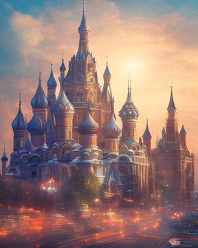 Ilustraci&oacute;n de ciudad de fantas&iacute;a con edificios de cuento