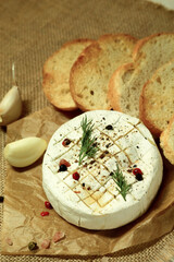 Delicious camembert cheese and honey, close-up. Side view