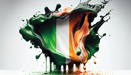 Ireland Country Flag Colors of Liquid Oil Paint Splashing and Exploding on White Backdrop AI Generative