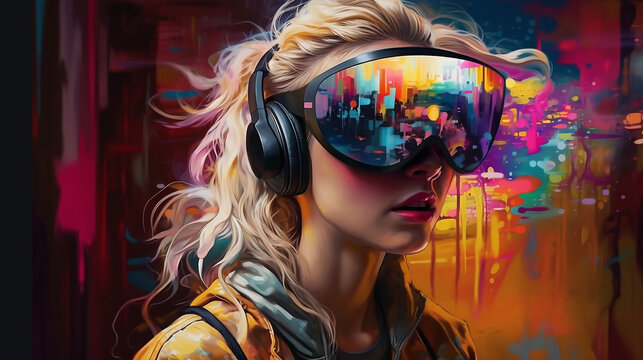 A lady experiencing in VR colorful painting metaverse technology concept Generative AI